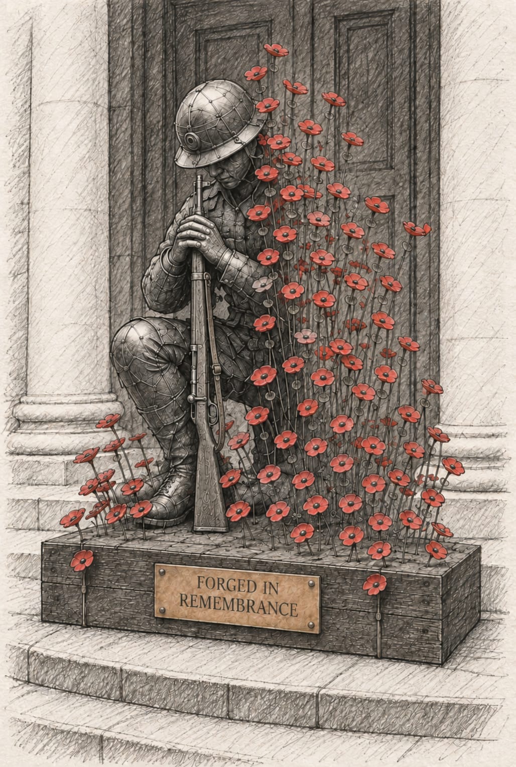 A monochrome sketch-style artwork of a kneeling soldier holding a rifle in front of a door, with many red poppy flowers rising from a memorial plinth labeled 'FORGED IN REMEMBRANCE.'.