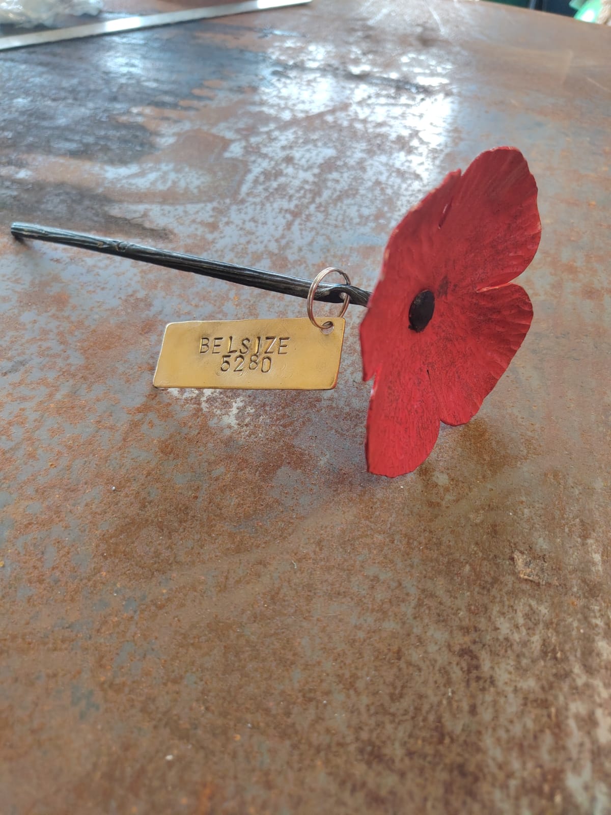 A red metal poppy flower with a black stem and a brass tag reading 'BELSIZE 5280'