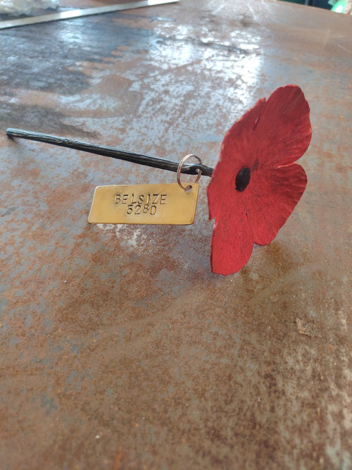 A red metal poppy flower with a black stem and a brass tag reading 'BELSIZE 5280'