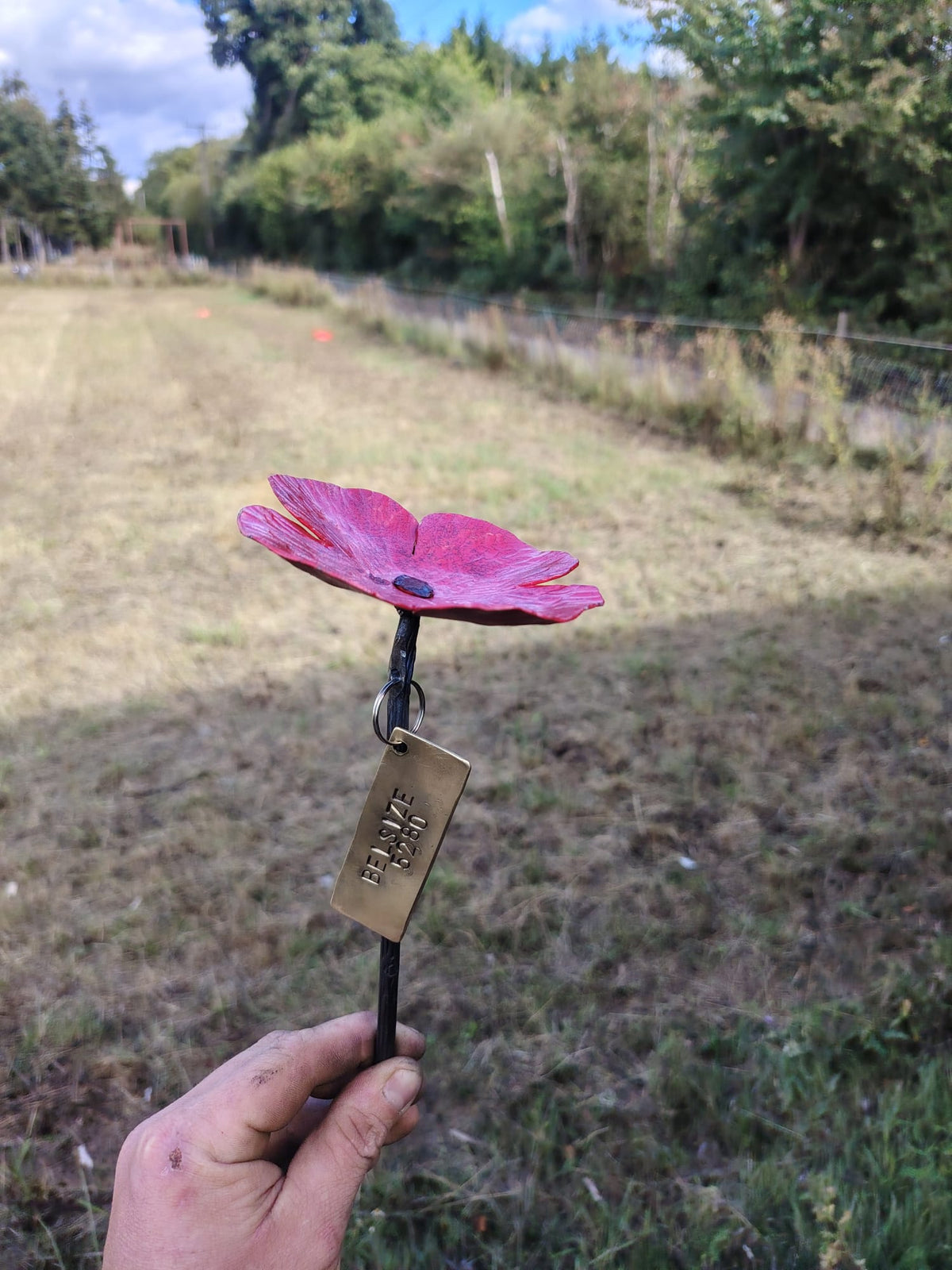 A hand holds a metal poppy flower outdoors. The flower has red petals, a dark center, and a brass tag engraved.