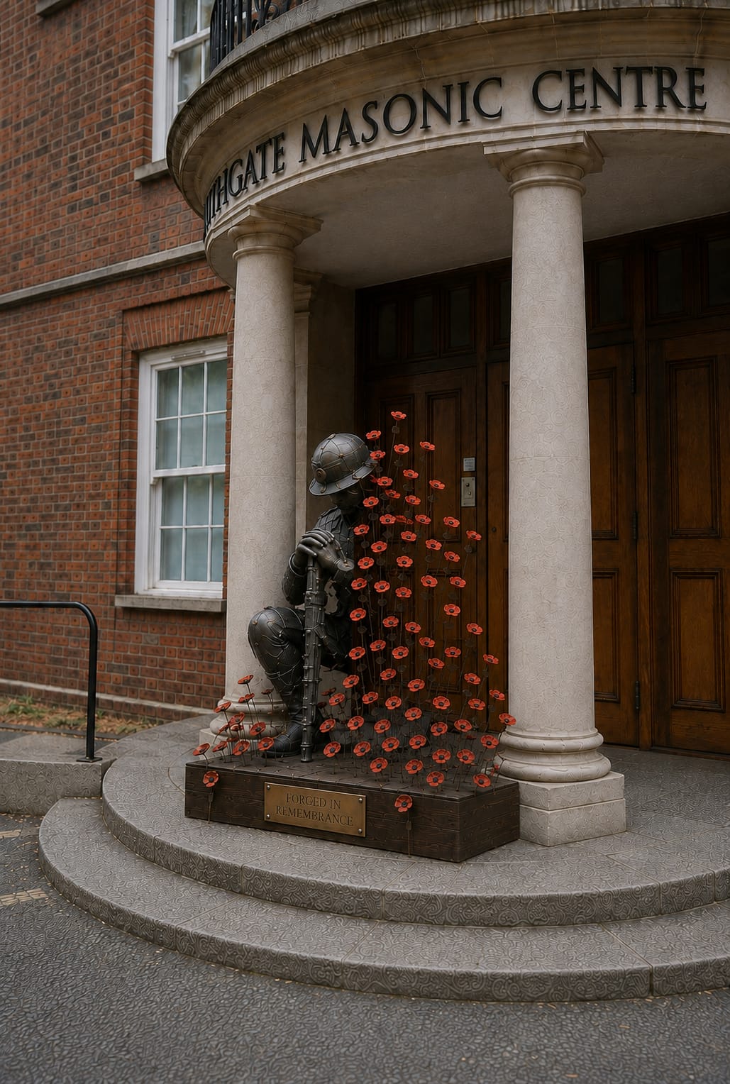 A bronze soldier memorial statue with a helmet and rifle, surrounded by many red poppy flowers, placed outside the entrance of a brick building with columns and the words 'SOUTHGATE MASONIC CENTRE' above the door.