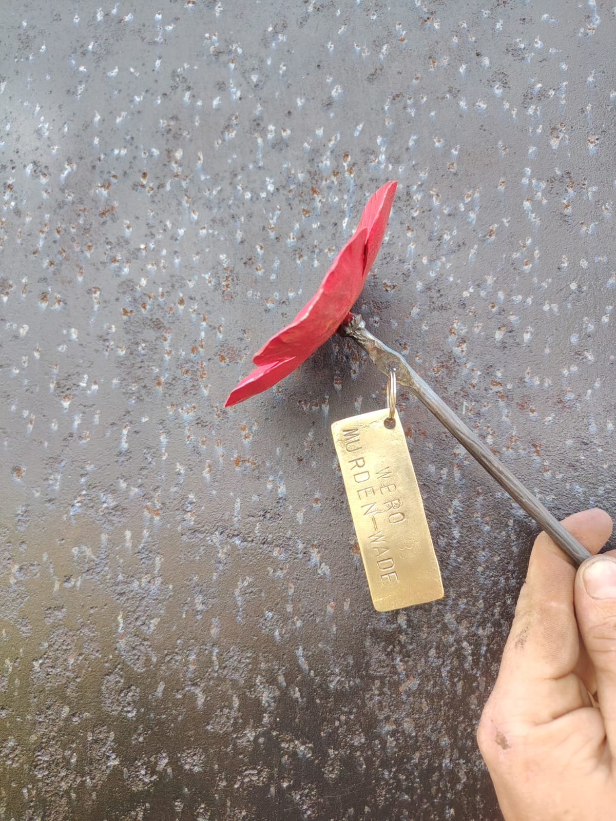 A hand holds a metal poppy flower remembrance marker with a red flower head and a brass tag engraved